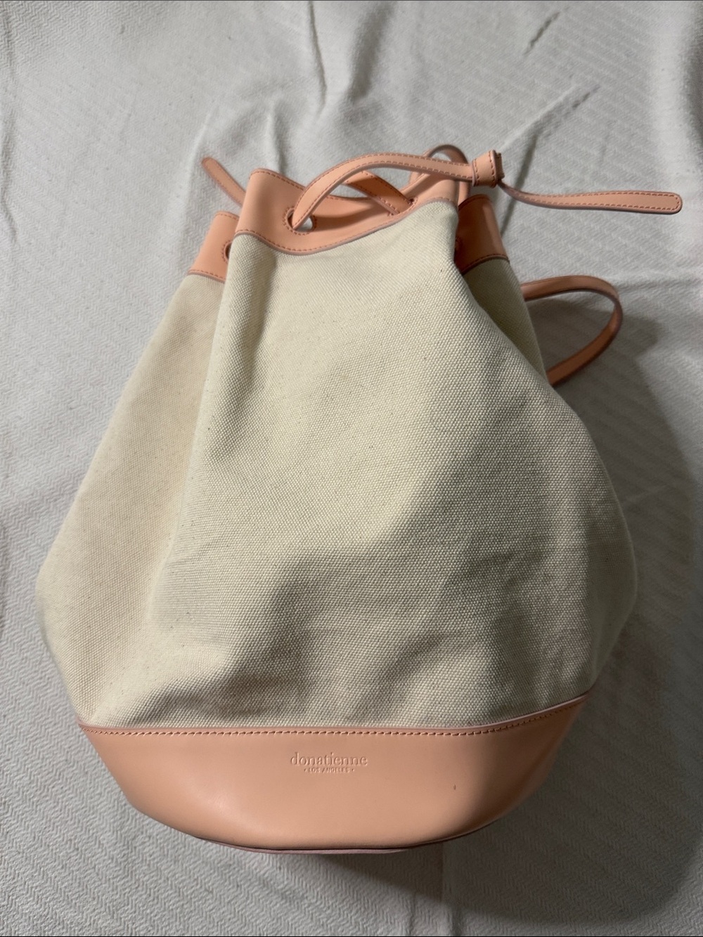 Cream Canvas & Peach Leather Drawstring Shoulder Bag